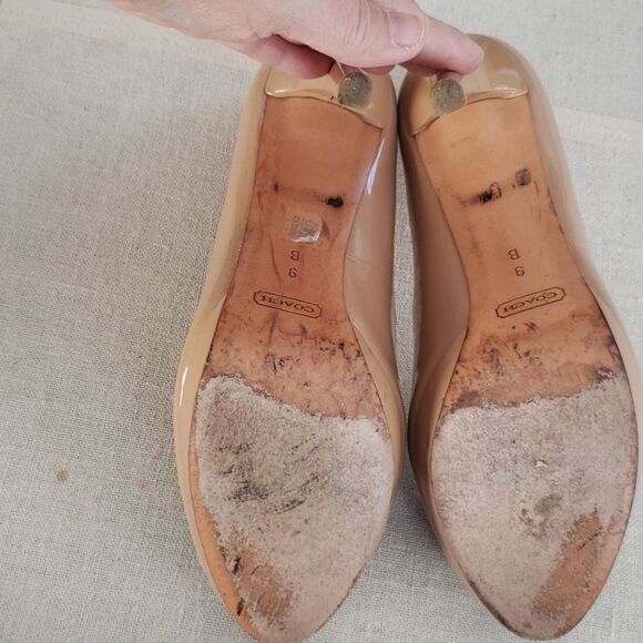 Coach Shoe Womens 9 Starla Nude Bow Peep Toe Platform Patent Leather Pumps - Picture 6 of 10